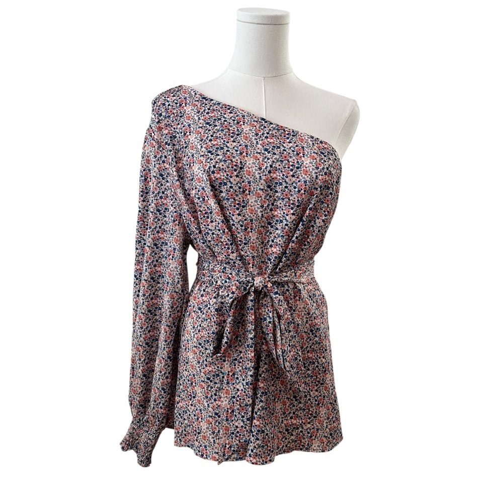 Pink Lily Women's XL One Shoulder Belted Blue Coral Floral Cottagecore Blouse